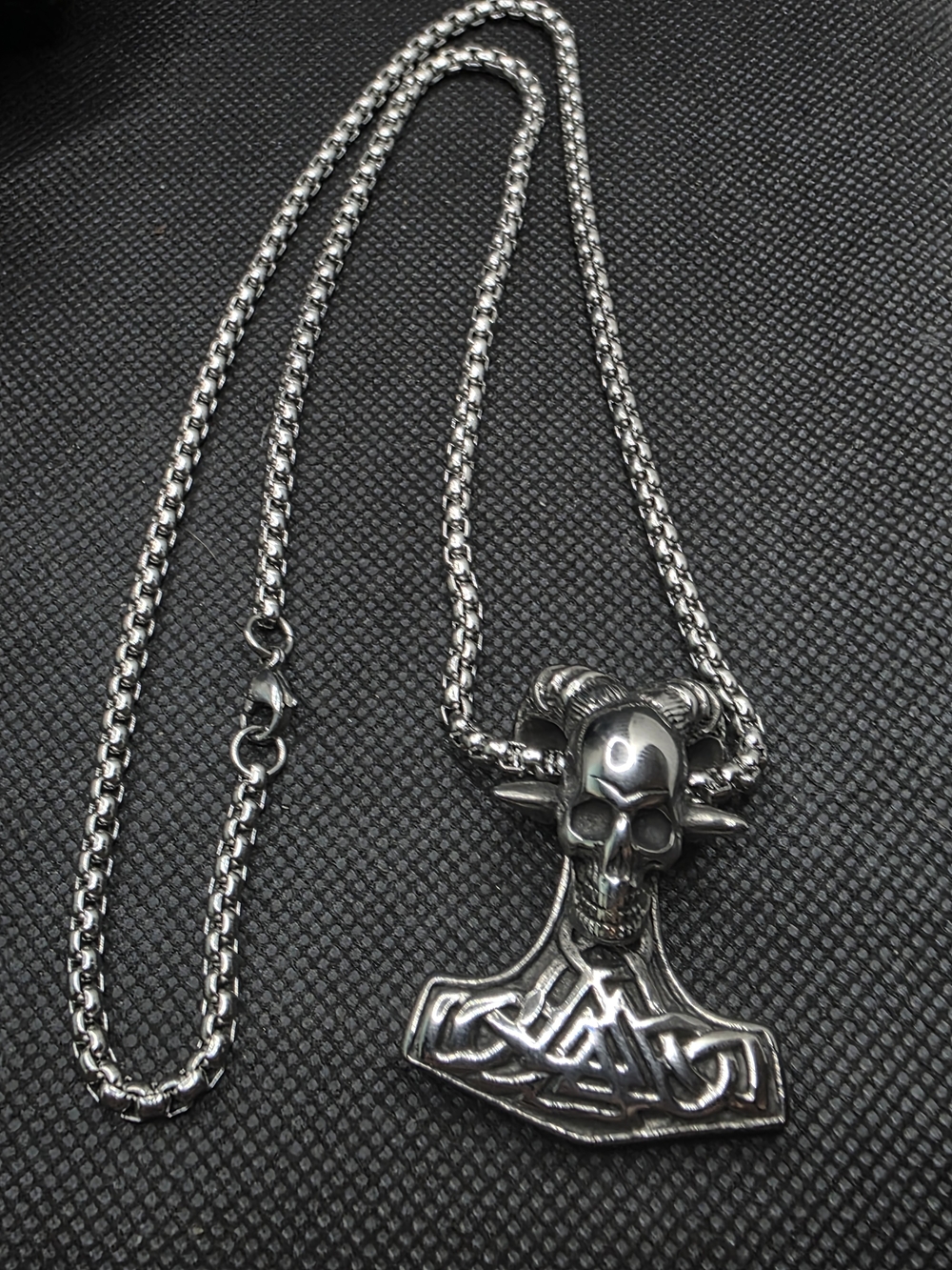 Mens Norse Viking Valknut Skull Mjolnir Necklace Pendant Stainless Steel